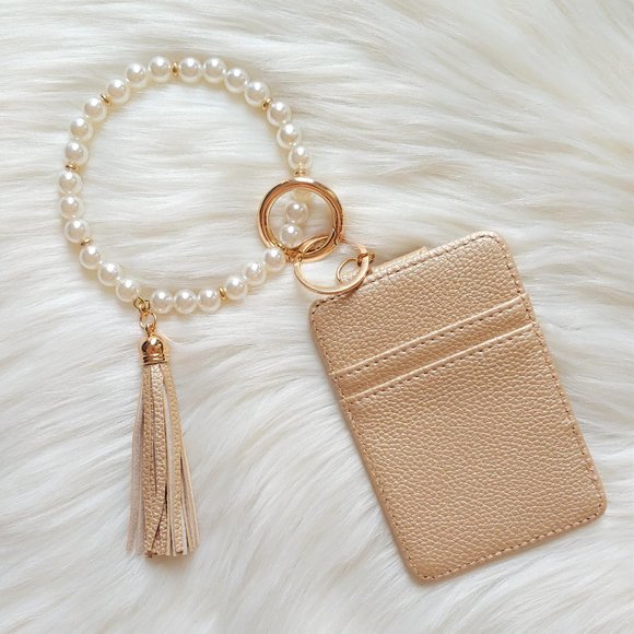 🚨 1 LEFT! Pearl Key Ring Bracelet Wallet w/ Tassel CHAMPAGNE - Picture 4 of 5